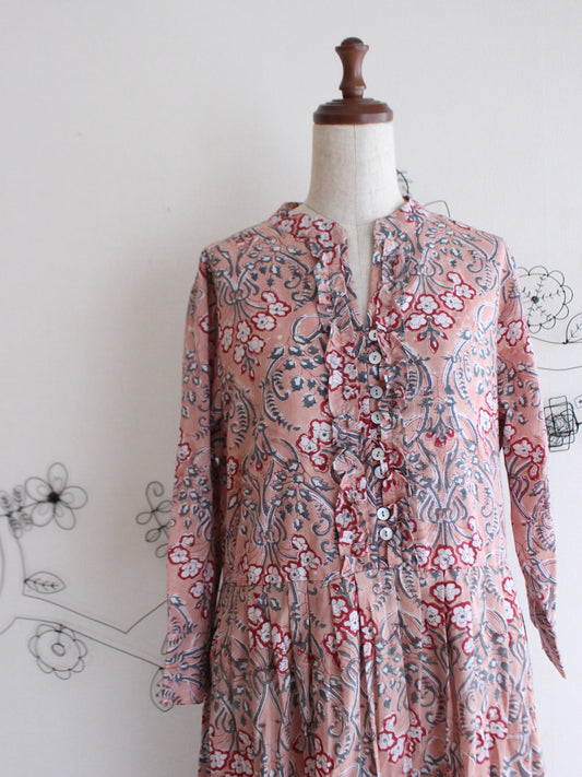 七分丈【シュリンプピンク】大人上品フリルワンピース